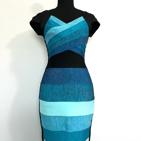 VENUS Teal and Black Striped Bandage Midi Dress - Picture 7 of 13